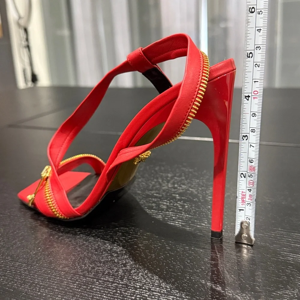 Versace Red Leather Zip Detail Heels | Size 38 | Gold Hardware - Picture 8 of 13